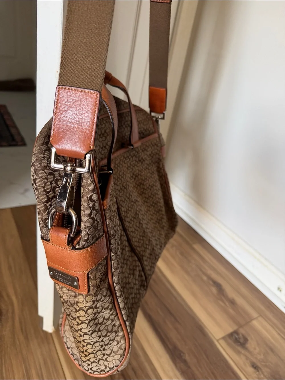 Large Coach Signature Canvas Briefcase with Tan Leather Trim